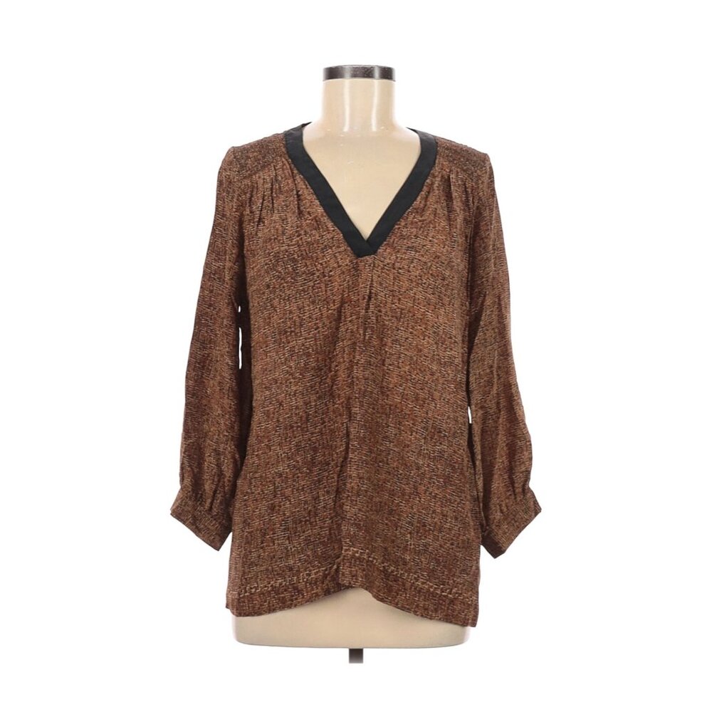 Waverly Grey 100% Silk V-Neck Blouse With Black Trim Brown & Black Medium